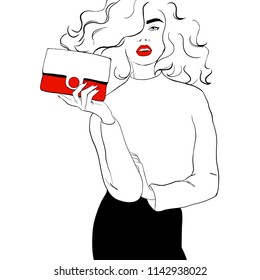 Fashion illustration girl with red lips sketch style. Woman in sweater, black skirt with red clutch bag in hand. Hand drawn fashion model posing. Sketch. Vector illustration. Fashion, style,beauty