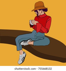 Fashion illustration girl in red pullover with mug vector