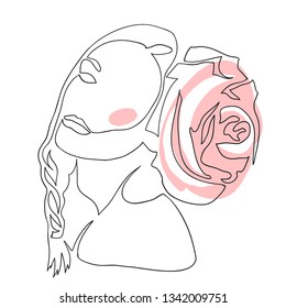 Fashion illustration of girl with rose in hair. Continuous line drawing of female face and hairstyle, minimalism, woman beauty, vector illustration for t-shirt design, print graphics style. 