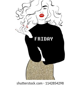 Fashion illustration girl sketch style. Woman in sweater with an inscription Friday, gold glitter skirt. Hand drawn fashion girl, model posing. Sketch. Vector illustration. Style, youth, beauty