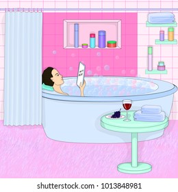 Fashion illustration. Girl takes a bath with foam. Woman in the bathroom. The girl is resting. Relaxation, rest. Bathroom interior. A woman is reading. Pastel colors. Vector illustration. EPS 10.
