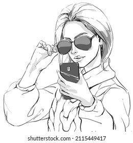 Fashion illustration, girl taking selfie, head of young stylish woman with elegant hairdress and bright lips. Portrait glamour girl. Female beautiful face. Self photo on smart phone. Hand drawn vector