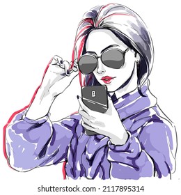 Fashion illustration, girl taking selfie, head of young stylish woman with elegant hairdress and bright lips. Portrait glamour girl. Female beautiful face. Self photo on smart phone. Hand drawn vector