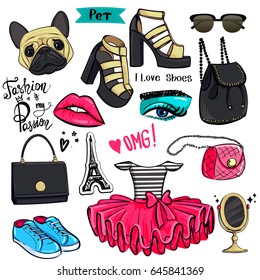 Fashion illustration with girlish things backpack, fancy bag, modern sunglasses, sport shoes, high heels, kiss lips, mirror, ballerina skirt with bow. Cute girlish set.