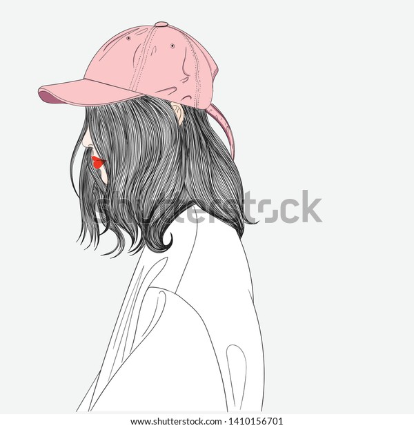 女の子のファッションイラスト ラブリーガール 長い髪の女性が 現代的なスタイルの帽子をかぶっている 落書き風アートのコンセプト イラトスペインティング のベクター画像素材 ロイヤリティフリー