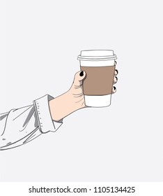 Fashion illustration of girl.Woman hand is holding coffee