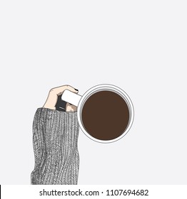 Fashion illustration of girl.Woman wearing a sweater is drinking coffee.