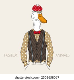 Fashion illustration of goose dressed up in retro style