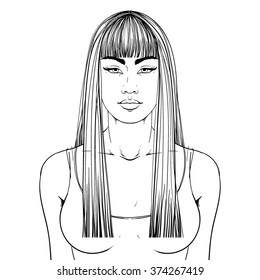 Fashion illustration.  Haircut Long hair + fringe. Hand drawn outline vector art isolated on white. This can be used as a face chart or for hairdressers. Asian type of face. Adult coloring page.