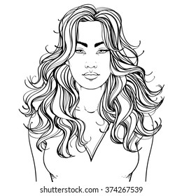 Fashion illustration.  Haircut LONG HAIR LAYERS. Hand drawn outline vector art isolated on white. This can be used as a face chart or for hairdressers. Asian type of face. Adult coloring book.