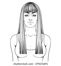 Fashion illustration.  Haircut Long hair + fringe. Hand drawn outline vector art isolated on white. This can be used as a face chart or for hairdressers.  Indian or Arab type of face. 