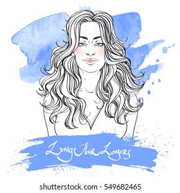 Fashion illustration. Haircut LONG HAIR LAYERS with text. Hand drawn outline vector art  on watercolor spot. This can be used as a face chart or for hairdressers. Indian and Arab type of face.