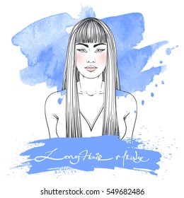 Fashion illustration. Haircut Long hair + fringe with text. Hand drawn outline vector art  on watercolor spot. This can be used as a face chart or for hairdressers. Asian type of face. 