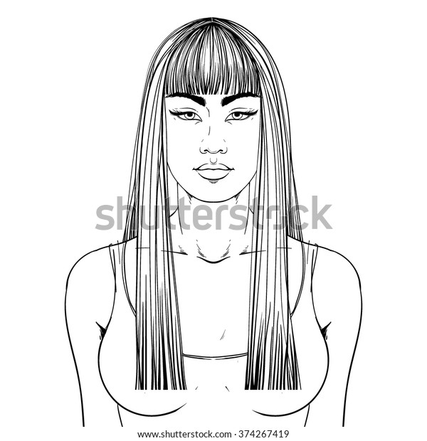 Fashion Illustration Haircut Long Hair Fringe Stock Vector