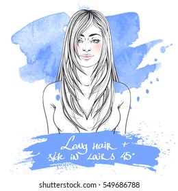 Fashion illustration. Haircut LONG HAIR+SIDE IN LAYERS 45' with text. Hand drawn vector art  on watercolor spot. This can be used as a face chart or for hairdressers. Indian or Arab type of face. 