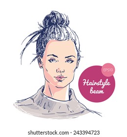 Fashion illustration: hand drawn beautiful girl. Ballet beam hairstyle.