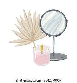 Fashion illustration with hand mirror, pink candle and beige palm leaf. Vector beauty concept art. 