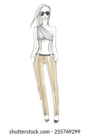 Fashion illustration, hand-drawn sketch of model on runway, vector picture.