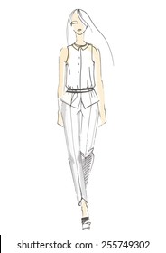 Fashion illustration, hand-drawn sketch of model on runway, vector picture.