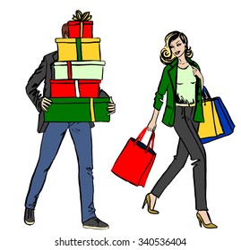 Fashion illustration of happy smiling woman with shopping bag and man wit. Ink hand drawn sketch isolated on white. Clip art