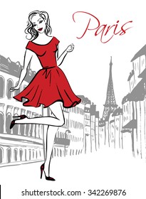 Fashion illustration of happy woman in red dress standing on one leg on street of Paris. Hand drawn ink sketch.