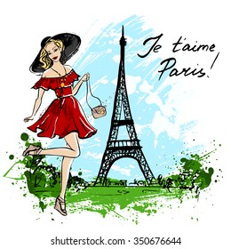 Fashion illustration of happy woman in red dress and hat standing on one leg on street of Paris. Hand drawn ink sketch.