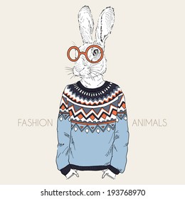 fashion illustration of hare dressed up in jacquard pullover