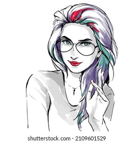 Fashion illustration, head of young stylish woman with elegant hairdress and glasses. Portrait glamour girl. Female beautiful face with spectacles. Cosmetics or optics salon. Hand drawn vector.