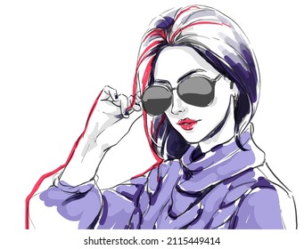 Fashion illustration, head of young stylish woman with sunglasses in sweater. Portrait glamour girl. Female beautiful face with glasses. fashion boutique. Hand drawn vector.