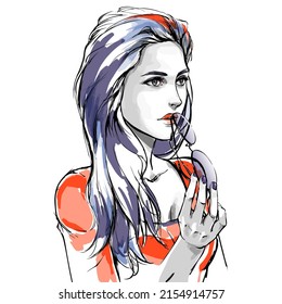 Fashion illustration, head of young stylish woman with sunglasses. Portrait glamour girl. Female beautiful face with glasses. Cosmetics or beauty salon, fashion boutique. Hand drawn vector.