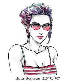 Fashion illustration, head of young stylish woman with sunglasses. Portrait glamour girl. Female beautiful face with glasses. Cosmetics or beauty salon, fashion boutique. Hand drawn vector.