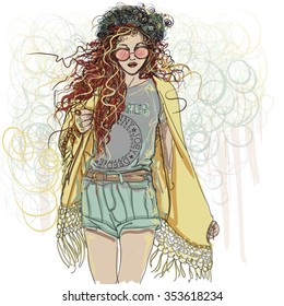 Fashion illustration hipster girl sketch freehand drawing 