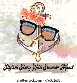 Fashion illustration with hipster glasses and anchor. Stylish story with summer mood