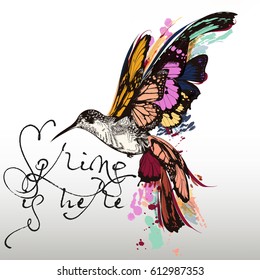 Fashion illustration with hummingbird and colorful butterfly wings. Spring is here