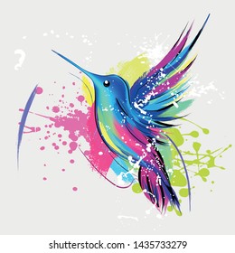 Fashion illustration with hummingbird and colorful paint splash. Decorative wings