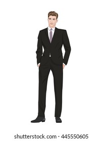 Fashion illustration of isolated handsome man with beautiful face and smile in black leisure or business suit,vector