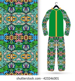 Fashion illustration, jacket and trousers on a hanger, suit sports with decorative ornament, seamless geometric floral pattern, isolated elements for invitation card design, repeating fabric texture