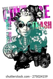 Fashion illustration with lady face, monkey, camera and other steam punk elements