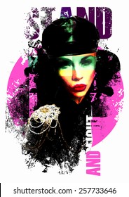 Fashion illustration with a lady in military style clothe