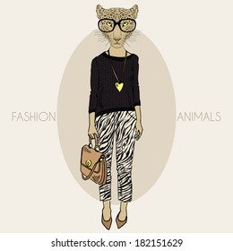 Fashion illustration of leopard girl dressed up in casual style