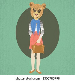 Fashion Illustration Of Lioness Woman Dressed Up In Skirt With Style.