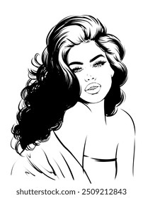 ilustração de moda de mulher bonita de luxo com cabelo ondulado