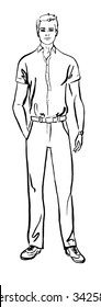 Fashion illustration of man. Hand drawn ink outline sketch isolated on white. Clip art