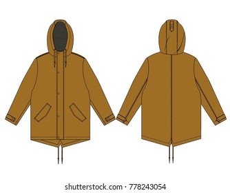 Fashion illustration. Men's outwear - parka. Technical drawing vector