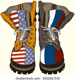 Fashion illustration with military boots with US and Russia flags. Conceptual design