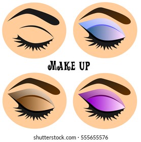 Fashion illustration on the theme of eye makeup. Lesson applying eyeshadow. Multicolored options applying cosmetics.