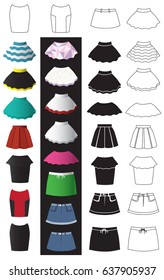 Fashion illustration on white and black background skirts of different styles and icons