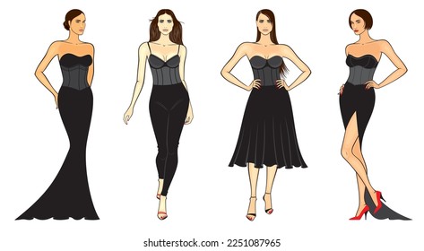 Fashion illustration of outline female models in corset attire, isolated, on white background. Vector set.