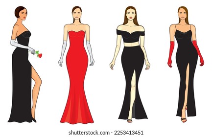 Fashion illustration of outline young women in evening gowns, vector set in color, isolated, on white background.