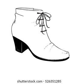 Fashion illustration with a pair of ankle shoes.  Autumn/winter shoes. Hand drawing vector image with contour of black lines